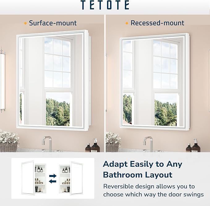 TETOTE White Medicine Cabinet Mirror 21" x 27" Aluminum Framed Surface or Recessed Wall-Mounted Bathroom Medicine Cabinets Beveled Mirror with Storage for Modern Farmhouse Bathroom