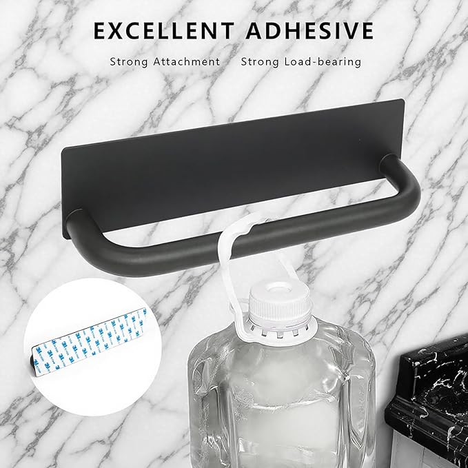 Stainless Steel Adhesive Towel Holder - Peel and Stick, No Drill Waterproof Hand Towel Rack for Bathroom, Kitchen - Self-Adhesive Command Strip, Durable and Easy to Install, 9 Inch Black
