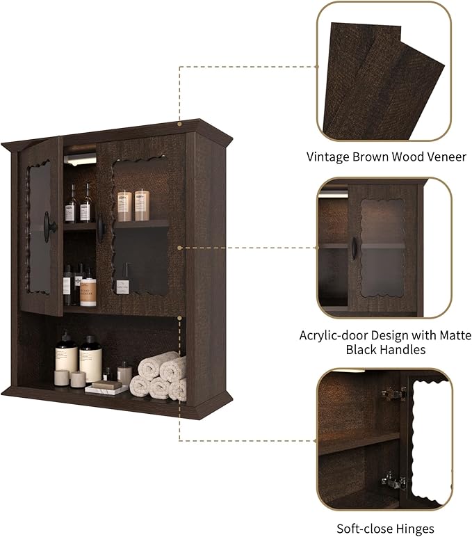 CJL Bathroom Wall Cabinet with Motion Sensor Led Light, Over The Toilet Storage Cabinet, 18.9'' x 23.6'' Medicine Cabinet of Mid-Century Modern Design with Acrylic Door, Brown