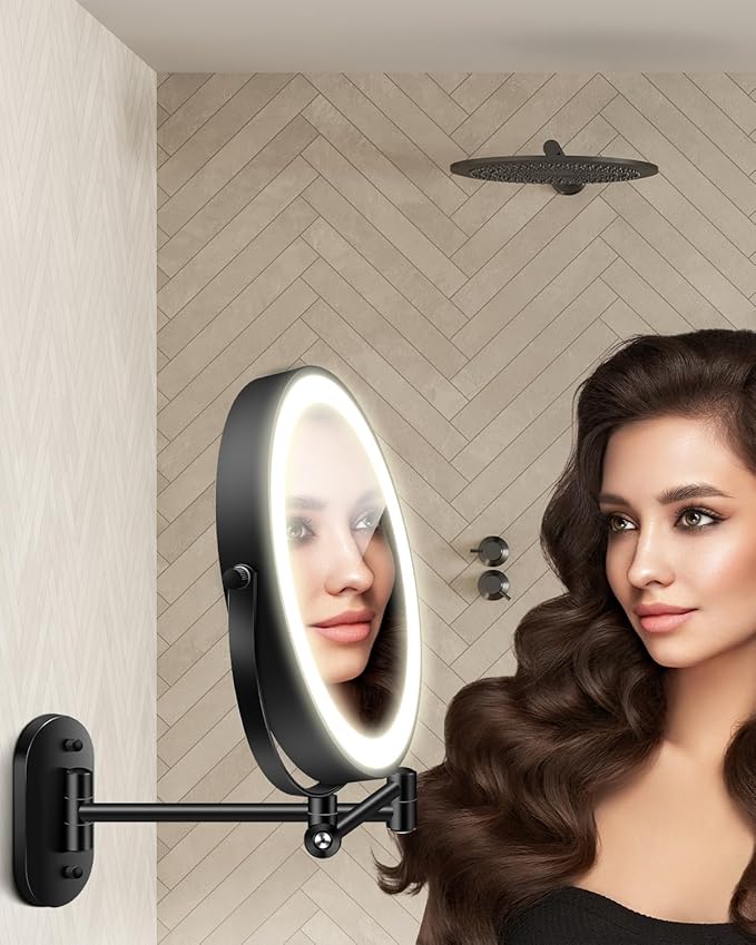 30X/1X Wall Mounted Lighted Makeup Mirror, 9'' Height Adjustable Double Sided 5000mAh Rechargeable Magnifying Bathroom Mirror with Light, 3 Color Modes Touch Dimmable Extended Arm 360 Rotation