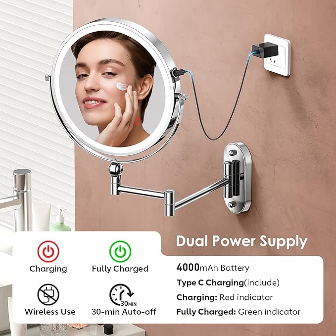 ZLOKLA 9" Wall Mounted Lighted Makeup Mirror,4000mAh Rechargeable Double Sided 1X/30X Magnifying Mirror with Light,Touch Dimmable,Extended Arm 360 Rotation Wall Mounted Makeup Mirror 3 Color Lights-C