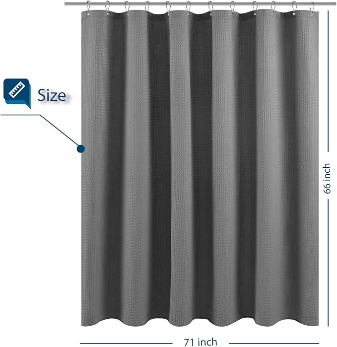 Barossa Design Short Shower Curtain Fabric with 66 inch Length, Waffle Weave, Hotel Luxury Spa, 230 GSM Heavy Duty, Water Repellent, Machine Washable, Gray Pique Pattern Decorative Bathroom Curtain