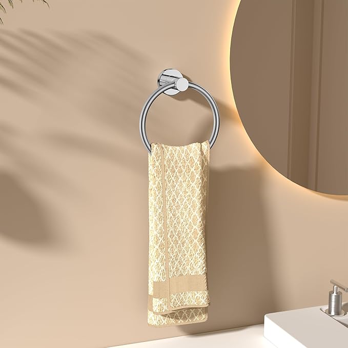 FORIOUS Towel Ring, SUS304 Stainless Steel Modern Hand Towel Holder Rack Hanger Round for Bathroom Wall Mounted, Ideal for Bath, Kitchen, RV, Chrome