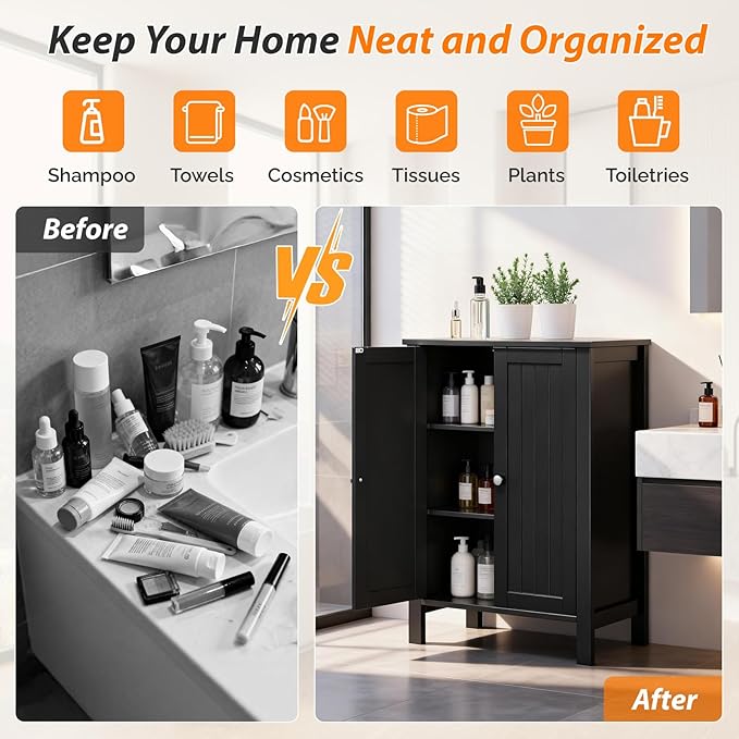 Bonnlo Free Standing Bathroom Cabinet, Modern Black Storage Cabinet with Doors, Small Wooden Floor Cabinet Sideboard for Hallway, Bedroom, Kitchen Organization, 31.5 Inch High