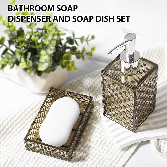RYTOXILO Brown Bathroom Accessories Set, 4 Pack Acrylic Bath Accessory Sets Complete, Diamond Soap Dispenser and Toothbrush Holder Bathroom Counter Sink Set, Boho Modern Bathroom Decor