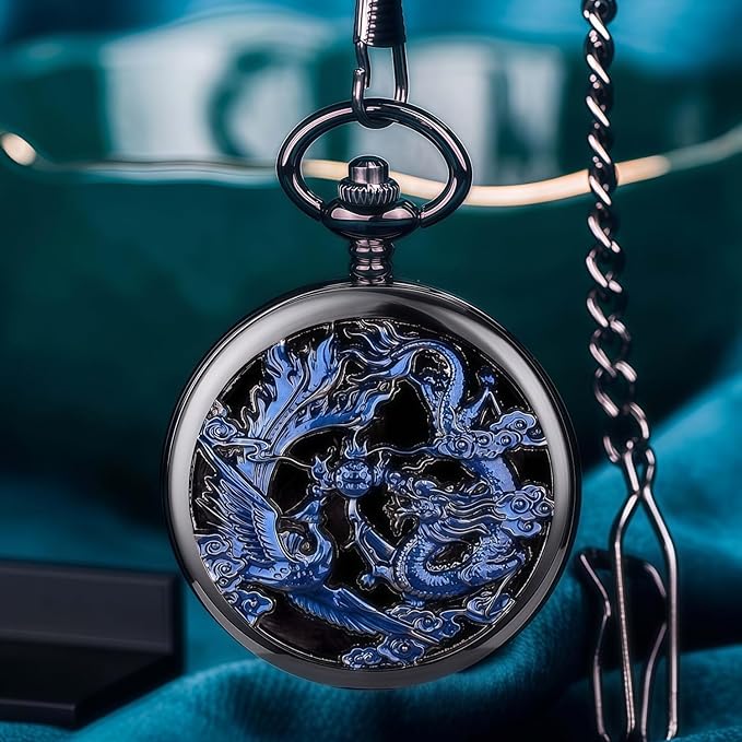 ManChDa Scrying Mirror Black Obsidian Mirror Lucky Dragon & Phoenix Pocket Watch Shell Witchcraft Kit Wiccan Supplies and Tools Witchy Gifts, Black Blue