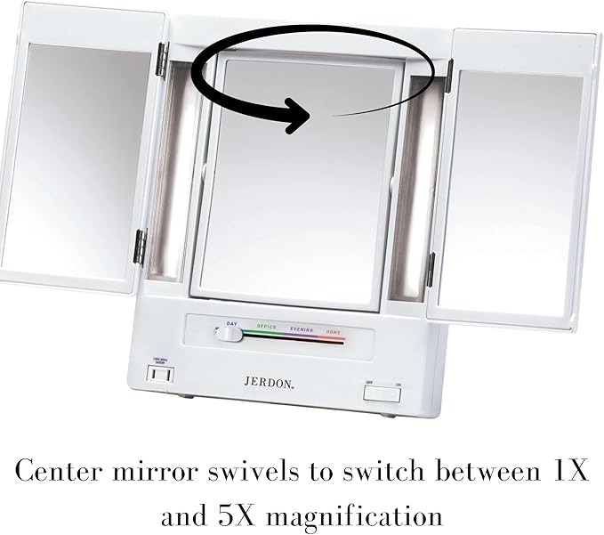 JERDON Tri-Fold Two-Sided Makeup Mirror with Lights - Vanity Mirror with 5X Magnification & Multiple Light Settings - White Base - Model JGL9W