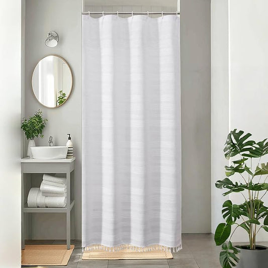OVZME White Boho Stall Shower Curtain, Narrow Soft Fabric Striped Textured Bathroom Shower Curtain with Tassel, Modern Farmhouse Machine Washable Bath Decor, White, 36Wx72L Inches