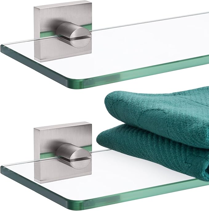 KOKOSIRI Floating Shelves Wall Mount 20-Inch Bathroom Tempered Glass Shelf Shower Storage Kitchen Rack, 2 Pack Brushed Stainless Steel B1107BR-L20-P2