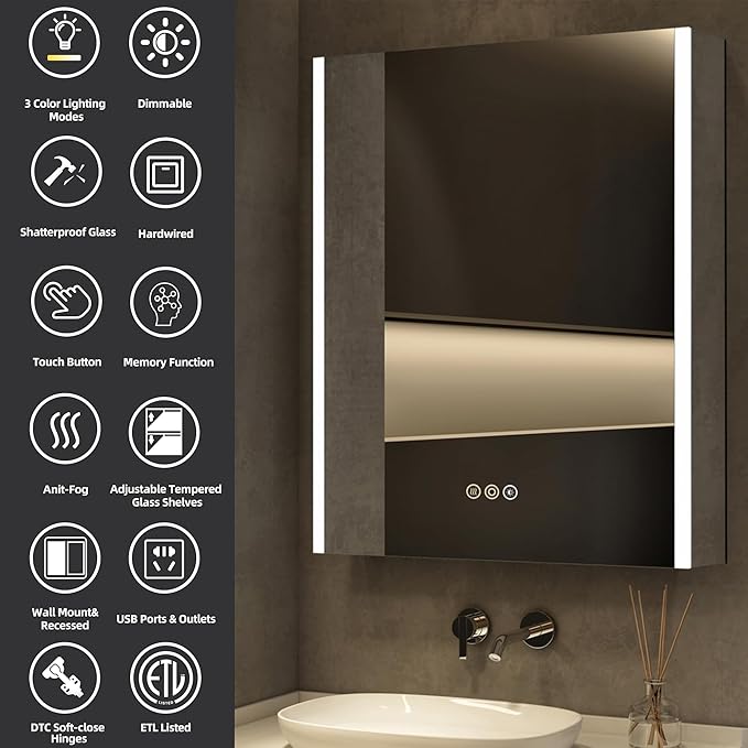 Medicine Cabinet with LED Lights and Mirror, 24 x 36 Inch Surface or Recessed Mounted Bathroom Cabinets with Door, Defogger, Memory Function, 3-Color Mode, Outlet&USB, Dimmer, Storage Shelf