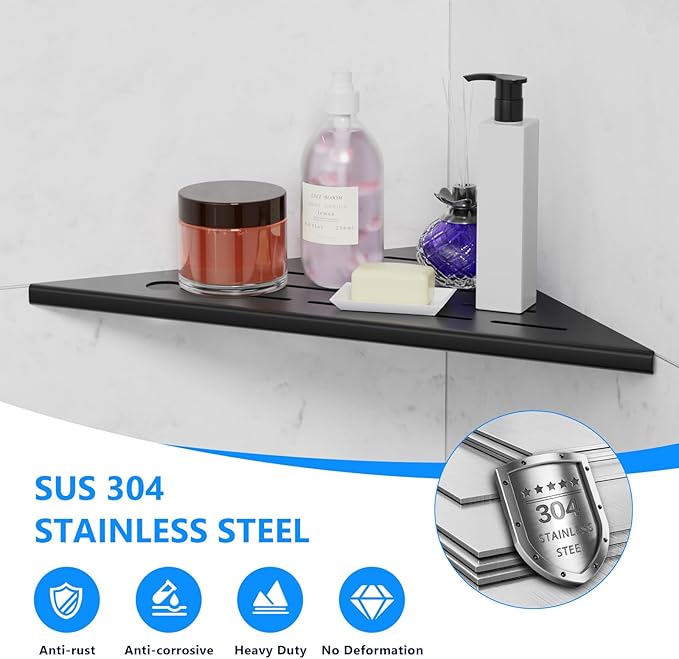 Shower Shelves 2 Pack, Corner Shower Shelf, 304 Stainless Steel Shower Caddy with Razor Hole, Shower Shelf for Inside Shower, Modern Sturdy Shelves for Tile Walls,10" Black Corner Shelf for Bathroom