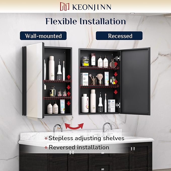 Keonjinn 64 x 32 Inch Medicine Cabinet, Assembly Required, Black Bathroom Medicine Cabinets Mirror, Lightweight, Adjustable Shelves, Surface Mount or Recessed, Tempered Glass