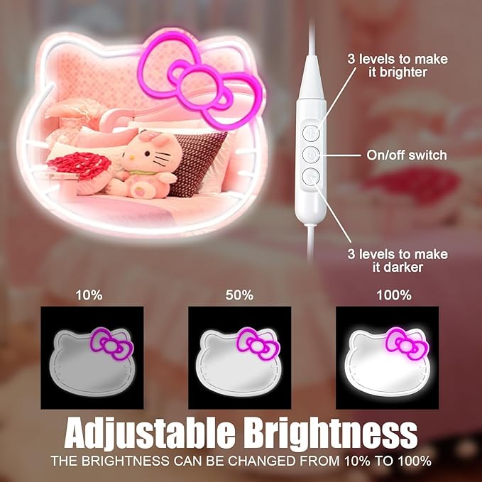 MCJSGSP Anime Hello Kit Cat Neon Sign Mirror 12 * 9.5 inch Vanity Mirror with Lights Bedroom Wall Mirror for Pink Room Decor and a Makeup Mirror with Lights Teen Girl Gifts