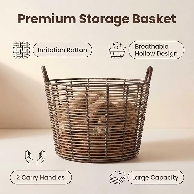 76QT Rattan Woven Basket With Handle, Extra-Large Storage Basket,Used for Storing Clothes, Towels and Various Household Items. Perfect for Living Rooms, Bedrooms, Bathrooms and Dormitories.