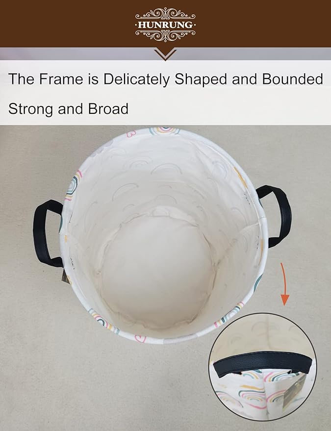 HUNRUNG Laundry Hamper,Large Canvas Fabric Lightweight Storage Basket Toy Organizer Dirty Clothes Collapsible Waterproof for College Dorms???Round-Rainbow???