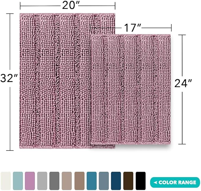 Turquoize Chenille Bathroom Rugs Set - Non-Slip Bath Mats for Bathroom & Kitchen/Entryway (20" x 32" & 17" x 24"), Mauve/Rose