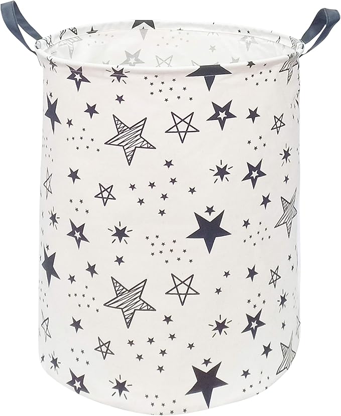 KUNRO Round Laundry Gift Basket Storage Hamper, Clothes Storage Organizer Bins, Shelf Basket with Handles for Room Decor (Black Star)