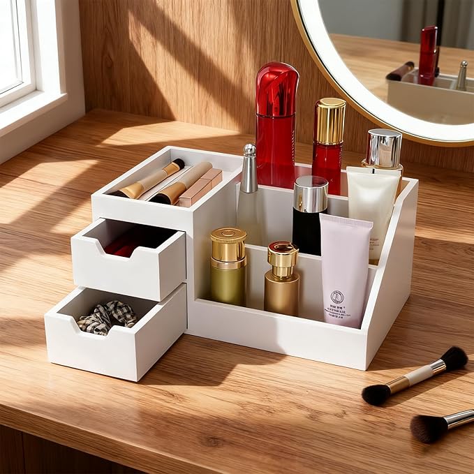 Countertop Perfume & Makeup Organizer - Wooden Rack, Cologne Stand Shelves & Skincare Organizer for Bedroom Dresser, Organizador de Perfumes Estante para Perfumes (Middle, 01) (White, 01)