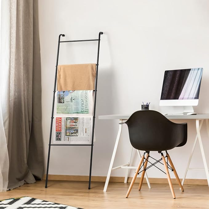 Blanket Ladder Bathroom Towel Holder Decorative Towel Rack 5 Tier Blanket Holder for Living Room Bathroom Laundry Room Black, 2 Pack