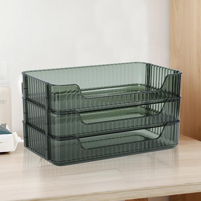 3-Tier Vintage Makeup Organizer Countertop for Vanity, Detachable Makeup Holder, Exquisite Ribbed Bathroom Counter Storage, Stackable Cosmetic Jewelry Perfume Skincare Green Shelf, Easy to Clean