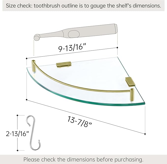 KES Glass Corner Shelf Bathroom Shelf Tempered Glass with Rail SUS 304 Stainless Steel Floating Wall Mount Bracket Brushed Gold, BGS2101A-BZ