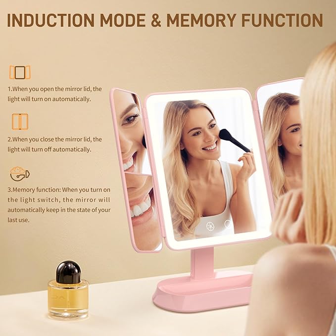 FRANO Rechargeable Trifold Makeup Mirror with Lights, 1X/3X/5X Magnification, Cordless 3-Color LED Vanity Mirror for Travel & Desk, Up to 20H Use, Ideal Gift for Women & Teens - Pink