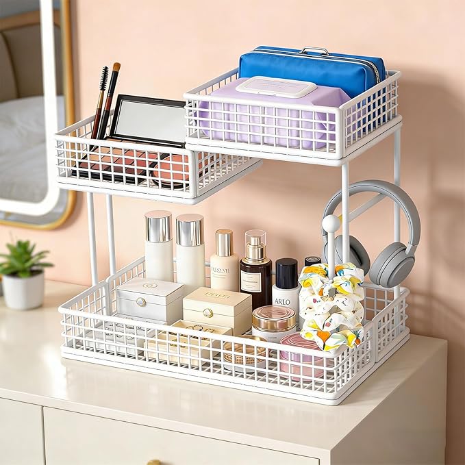 Makeup Organizer Countertop for Vanity, 3 Tier Metal Bathroom Countertop Organizers Skincare Storage Holder Perfume Cosmetic Display, Multi-Use Storage Rack for Bathroom, Kitchen & Bedroom (White)