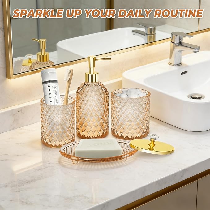 Jenseits Amber Glass Bathroom Accessories Set 4 Pcs - Vintage Diamond Pattern Bathroom Set with Gold Pump - Soap Dispenser, Tray, Toothbrush Holder, Qtip Holder - Rustic Farmhouse Decor