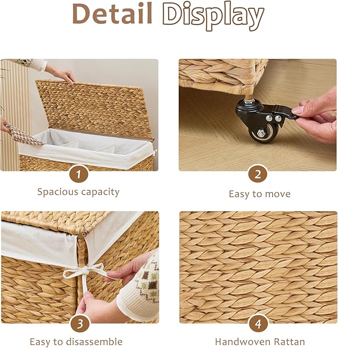 Handwoven Hamper with Lid, Laundry Basket with Wheels, Machine Washable Liner, 3 Section Clothes Hamper for Bathroom Laundry Room Bedroom(Natural, 165L)