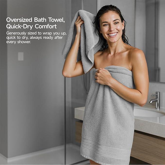 REDKISS 8 Piece Grey Towels Set - 100% Cotton Towels Set with 2 Large Bath Towels, 2 Hand, 4 Washcloths, 600 GSM Highly Absorbent Bath Towel Sets, Gray Quick Dry Shower Towel for Family Gym