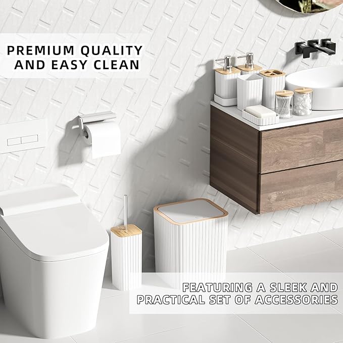 XLHOMO Bathroom Accessories Set - Elegant White Bathroom Set, 10PC Bathroom Accessory Set, Toilet Brush, Trash Can, Qtip Holder Dispenser & Soap Dispenser