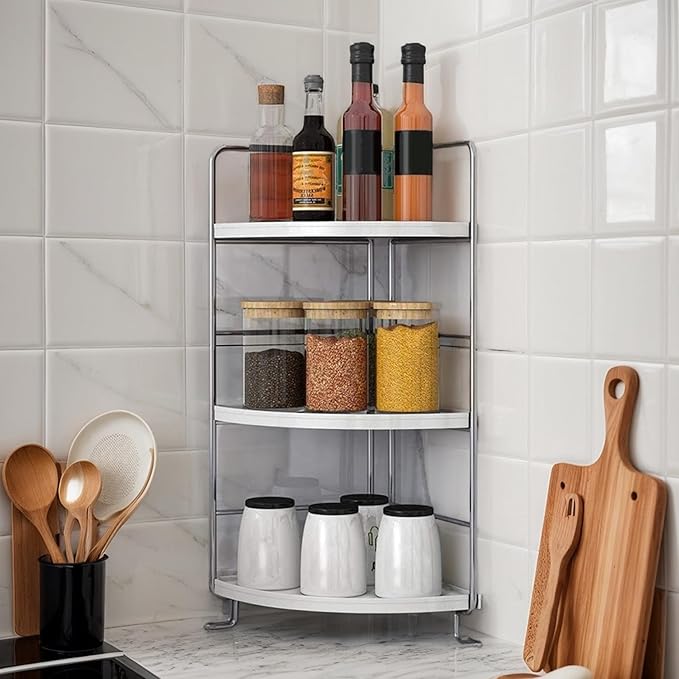 Corner Bathroom Counter Organizer, 3-Tier Fan-Shaped Corner Counter Shelf, Cosmetic & Makeup Storage White Bathroom Shelf for Kitchen Supplies