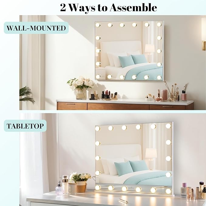 LUXFURNI Hollywood Glamour Vanity Mirror with 4 Extra Bottom Bulbs | Shadow-Free, Perfect Makeup View | Desk & Wall Mountable | 3 Color Modes for Office, Outdoor, Party Looks | USB Charging