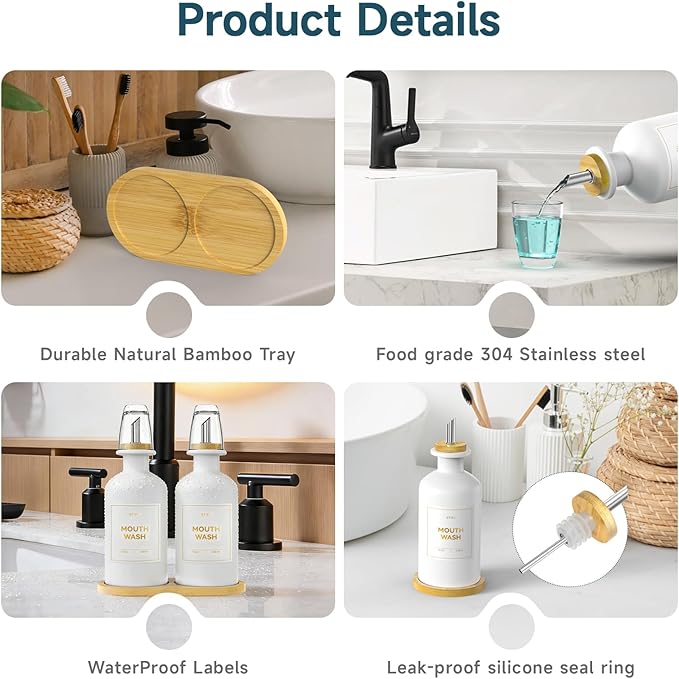 2PCS White Glass Mouthwash Dispenser for Bathroom Countertop – 14oz/410ml Refillable Mouthwash Container with Glass Cup & Bamboo Tray, Modern Bathroom Decor for Home, Vacation Rentals, Gym (White)