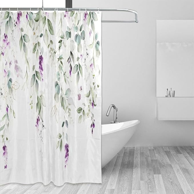 Purple Floral Shower Curtain Watercolor Flowers Modern Minimalist Wildflower Bathroom Decor Fabric Curtains with Hooks 72x84 Inches(183x214cm), Style-10