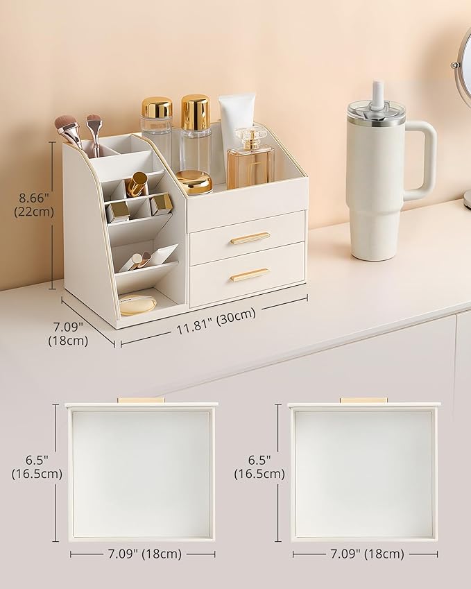 Lolalet Makeup Organizer with Drawers, PU Leather Spacious Skincare Holder Lipsticks Perfume Brushes Beauty Essentials Display Case for Vanity Dresser Countertop Bathroom Easy to Clean -Cream