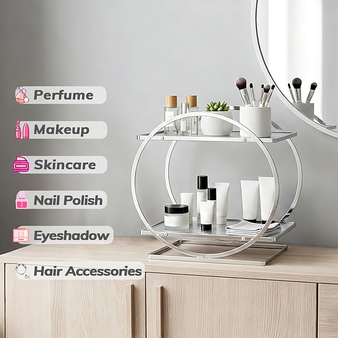 BO2704 2 Tier Bathroom Organizer, Perfume Organizer for Dresser, Silver