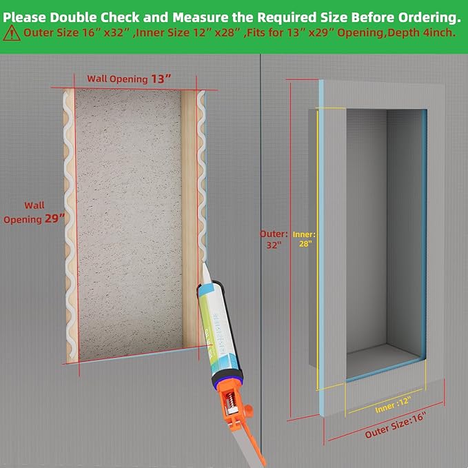 Tile Ready Shower Niche Insert,Waterproof and Ready-to-Tile Niche for Shower Wall,Recessed Showers Shelf Niches Box for Bathroom Renovation/Soap Storage,Inner Size 12"x28",Outer Size 16”x32”,Depth 4”