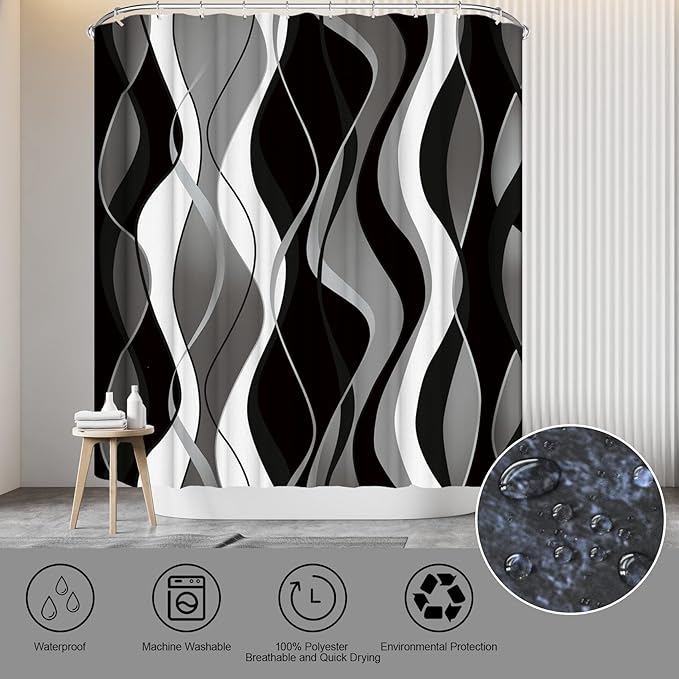 beifivcl 4Pcs Black Shower Curtain Sets with Non-Slip Rugs, Toilet Lid Cover and Bath Mat, Black and Gray Bathroom Decor Set Accessories Fabric Waterproof Shower Curtains with 12 Hooks, 72 x 72 Inch
