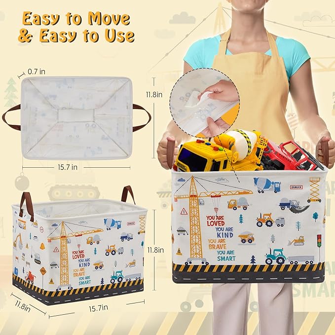 Construction Nursery Decor Hamper Car Baby Gift Basket Transport Trucks Excavators Toy Box Bin Empty Larger Rectangular Kid Clothes Book Shelf Toy Organizer Bin for Baby Boys