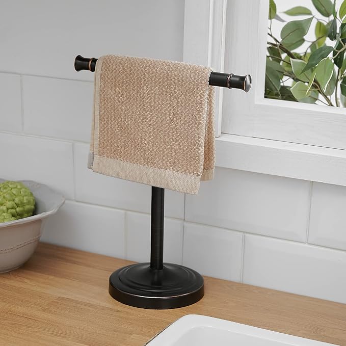 RUMOSE 13 Inch Oil Rubbed Bronze Towel Stand Hand Towel Holder Bathroom Kitchen Vanity Countertop T-Shape Towel Rack Free Standing Stainless Steel Towel Bar Towel Ring