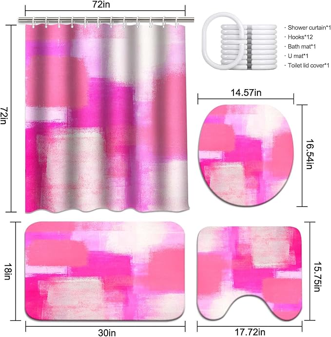 Lnond 4Pcs Bathroom Shower Curtain Sets with Rugs, Pink and Grey Painting Art Bathroom Sets with Shower Curtain and Rugs and Accessories