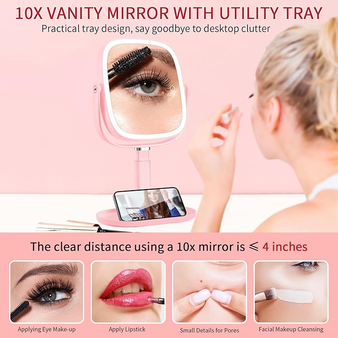 Lighted Makeup Mirror, 2600mAh Rechargeable 1x/10x Magnifying Vanity Mirror, 8.5" Height Adjustable Makeup Mirror with Lights 3 Color, 360° Rotation 2-Sided Light up Large Desk Mirror - Pink