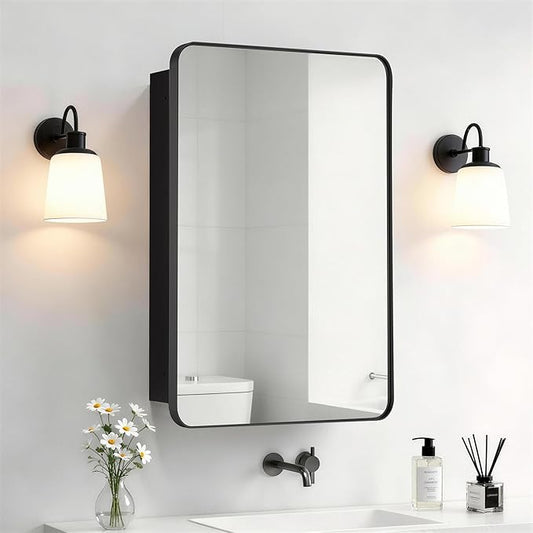 Bathroom Medicine Cabinet with 20"x30" Stainless Steel Framed Mirror,Recessed or Surface Mounted Bathroom Mirror Cabinet,Storage Cabinet for Bathrooms, Guest Rooms, Apartments, Farmhouse Decor