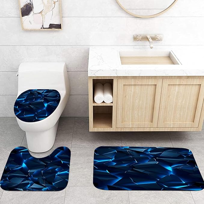 Yizheer 4Pcs Blue Geometry Rock Modern Shower Curtain Set with 12 Rustproof Hooks Bath Mat Toilet Cover U Shaped Mat- PEVA Material, 72x72 Inches, Bathroom Shower Curtain for Bathtub (Blue Rock)