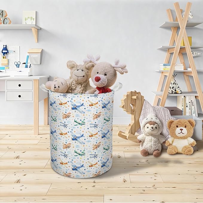 Retro Airplane Nursery Laundry Basket Hamper, Airplane Decor for Boys Room, Space Star Cloud Foldable Clothes Toys Books Storage Box Bins Baskets Organizer for Boys Kids Room Playroom