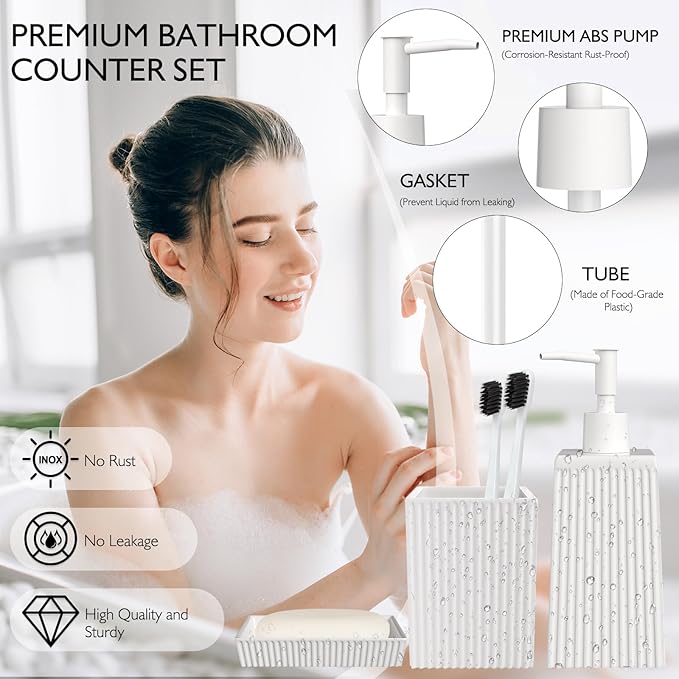 XLHOMO Bathroom Set - White Bathroom Accessories Set, 5PCS Ceramic Bathroom Accessory Set, Bathroom Sets with Soap Dispenser, Toothbrush Tumbler, Soap Dish, Q-tip Holder & Vanity Tray