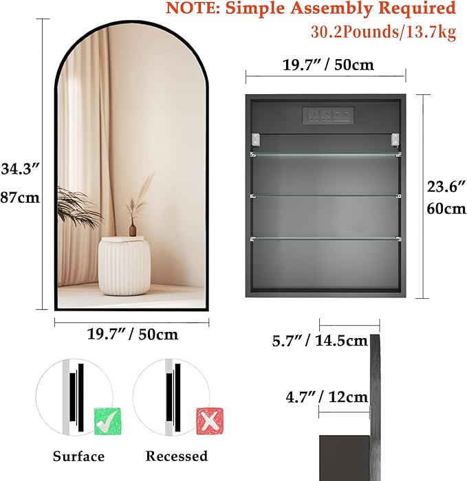 FKWin Medicine Cabinet Mirror with Power Outlet, Black Bathroom Mirror Medicine Cabinet for Left or Right Opening, not Recessed, Ample Vanity Mirror with Storage for Homeowner, Black, 20x34 inch