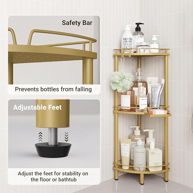 ELYKEN Corner Shower Caddy Standing, 3 Tier Rustproof Metal Shower Organizer with Soap Holder, Floor Shower Corner Shelf Rack Storage Stands with Adjustable Feet & 2 Hooks for Bathroom, Gold