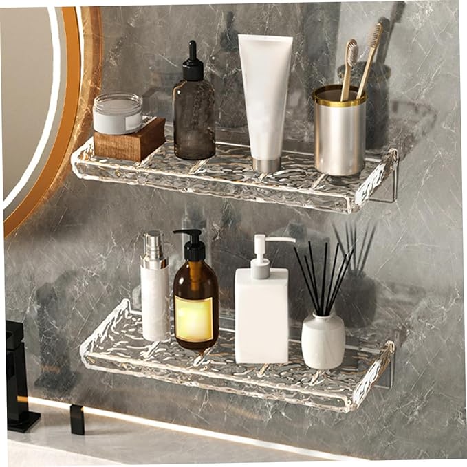 Homoyoyo 2pcs Wall Mount Holder Storage Shelf for Bathroom Transparent Wave Pattern Floating Organizer Rack Wall Shelf for Kitchen Bathroom and Living Storage